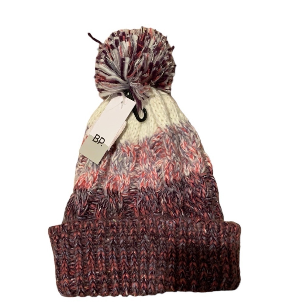 BP Pom Pom Knit Beanie in Ivory and Purple One Size NWT